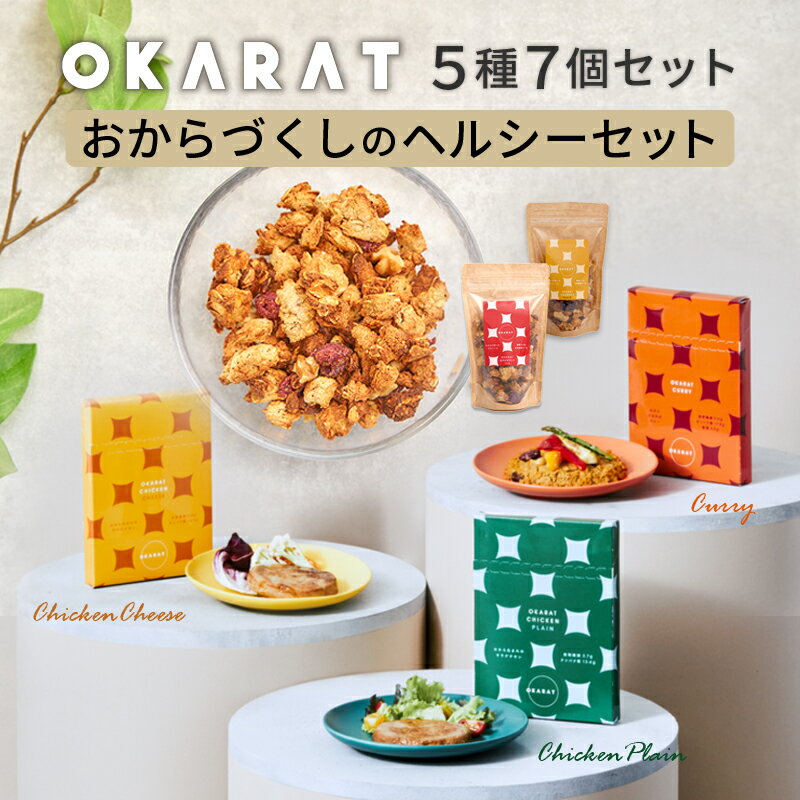 特産品説明 名称 【ふるさと納税】OKARAT5種7個セット（おからづくしのヘルシーセット） 内容量 ・OKARAT CHICKEN PLAIN 100g×2・OKARAT CHICKEN CHEESE 100g×2・OKARAT CURRY 160g×1・OKARAT GRANOLA PLAIN 100g×1・OKARAT GRANOLA TEA 100g×1（製造地：宮崎県） 原材料/成分 【OKARAT CHICKEN PLAIN】 おから(国産)、鶏胸肉、玉ねぎ、大豆タンパク、醤油、オリゴ糖、食塩/調味料(アミノ酸等)(一部に大豆含む)【OKARAT CHICKEN CHEESE】おから(国産)、鶏胸肉、玉ねぎ、チーズ、大豆タンパク、醤油、オリゴ糖、食塩/調味料(アミノ酸等)(一部に大豆含む)【OKARAT CURRY】おから(国産)、鶏胸肉、玉ねぎ、ミックスビーンズ、トマトケチャップ、ウスターソース、コンソメ/調味料(アミノ酸等)、カラメル色素(一部に大豆含む)【OKARAT GRANOLA PLAIN】おから（国産）、オートミール、蜂蜜、くるみ、ドライフルーツ、ココナッツオイル、粉末状タンパク（一部に大豆を含む）【OKARAT GRANOLA TEA】おから（国産）、オートミール、蜂蜜、くるみ、ドライフルーツ、粉末状タンパク、ココナッツオイル、紅茶、コリアンダー（一部に大豆を含む） 賞味期限 OKARAT CHICKEN PLAIN OKARAT CHICKEN CHEESE 製造日から1年 OKARAT CURRY：製造日から1年 OKARAT GRANOLA PLAIN OKARAT GRANOLA TEA 製造日から90日 配送温度帯 通常便 アレルギー 乳・大豆・鶏肉・くるみ 説明 国産おからを主原料とした低糖質で、食物繊維が豊富なサラダチキン2種4個、グラノーラ2種、カレー1種1個、合計5種7個セットです。【OKARAT CHICKEN】・低糖質で、食物繊維たっぷり。・環境負荷の少ない植物由来のタンパク質。・焼き上げたこんがりした香りがGood。そのまま食べてもアレンジしても美味しい。・真空加熱殺菌をしているため、長期保存可能で備蓄食にもぴったり。・オリゴ糖約1000mgを配合し、整腸作用も期待できます。【OKARAT CURRY】おから生まれのカレーです。ご飯のかわりにオカラを使っており、1食で必要な栄養と満足感が得られます。低糖質で、食物繊維たっぷり。環境負荷の少ない植物由来のタンパク質。【OKARAT GRANOLA】・お客様の声をもとに7つのフリーを実現（添加物、グルテン、動物性食材、白砂糖、・着色料、保存料、乳成分全て不使用）・主原料がおからだからカロリー60％OFF、糖質もカットで罪悪感なし。食物繊維たっぷりで驚きの満腹感。1食で心もお腹も満たされる。・使用原材料は、国産生おから、オーツ麦、はちみつ、くるみ、ドライフルーツ、ココナッツオイル、大豆粉の7種。腸に優しい自然原料のみ使用。 注意事項/その他 おから特有の吸水性が働きますため、水分と一緒にお召し上がりいただくことを推奨しております。 生産者様の声 丹精込めて丁寧に1つ1つと手作業で作り上げた製品です。皆様の美味しいという声が何よりも励みになります。食べてお腹も心も満たされる。そんな商品を感じていただけると嬉しいです。 提供事業者 株式会社オカラテクノロジズ ・ふるさと納税よくある質問はこちら ・寄付申込みのキャンセル、返礼品の変更・返品はできません。あらかじめご了承ください。【ふるさと納税】OKARAT5種7個セット（おからづくしのヘルシーセット）