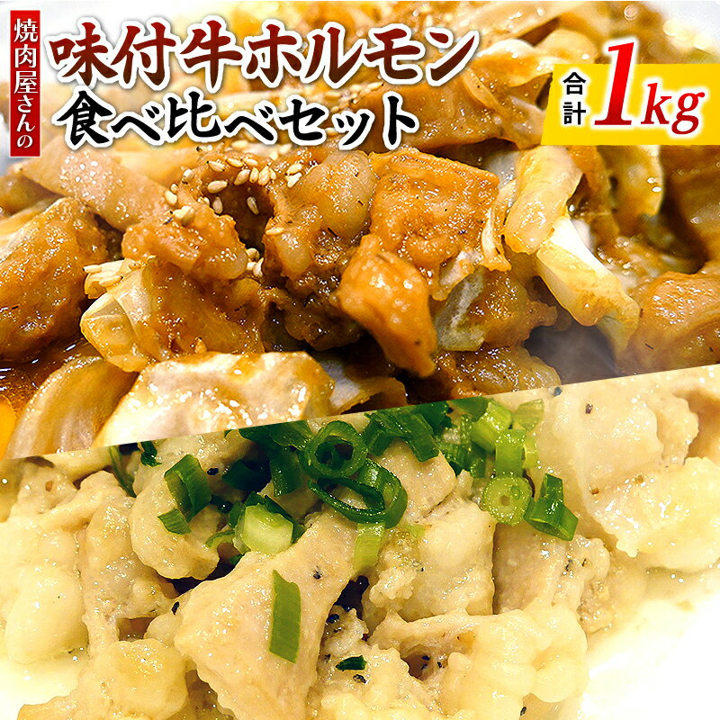 焼肉屋さんの味付牛ホルモン 食べ比べセット 500g×2 合計1kg ネギ塩 ピリ辛みそ ヤミツキ味 サイドメニュー お肉 国産牛 食品 畜産物 宮崎県 宮崎市 送料無料