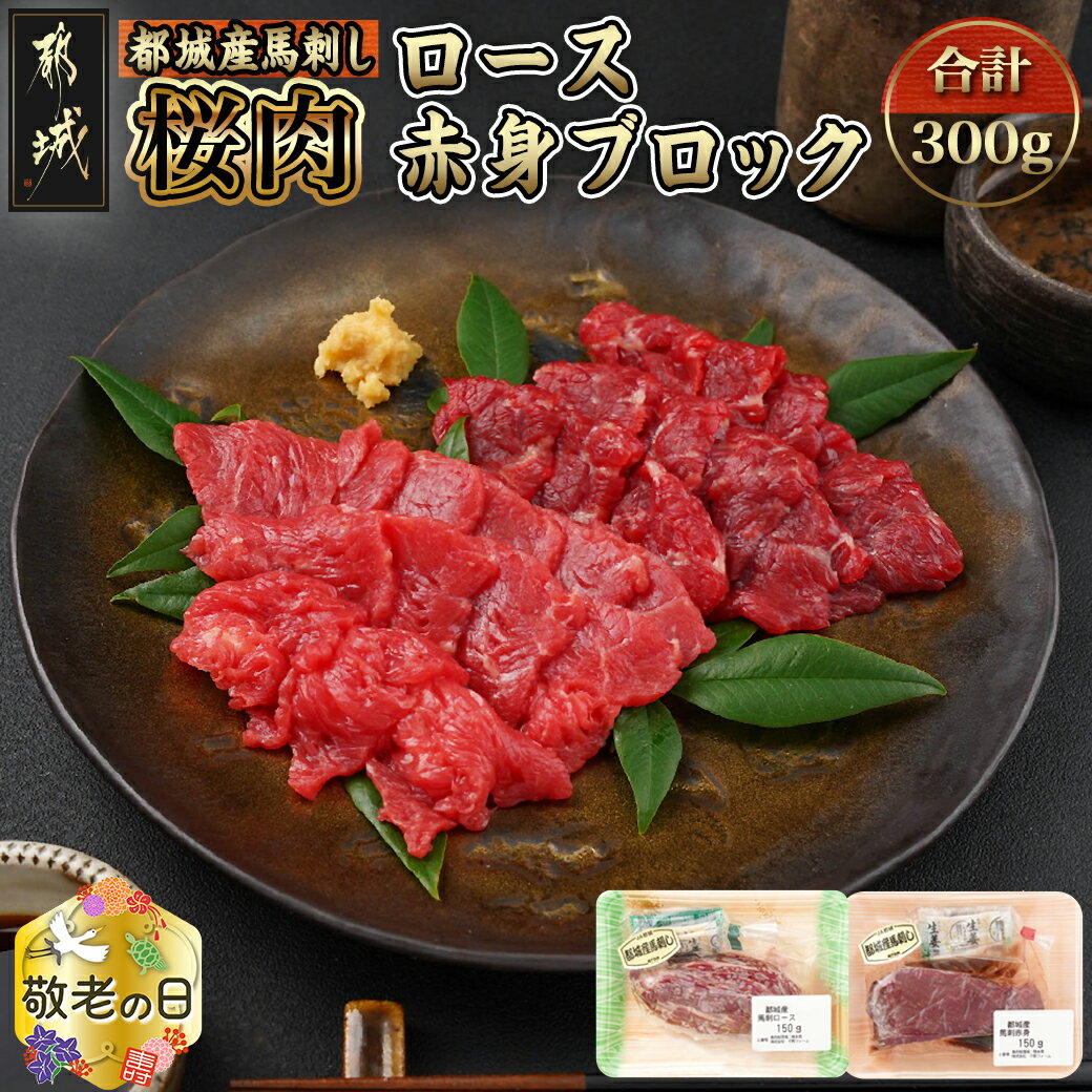 [敬老の日]都城産「桜肉」馬刺し ロース・赤身ブロック300gセット≪9月13日〜16日お届け≫ - ロースブロック 赤身ブロック 各150g×1 真空 醤油・生姜の小袋付き 桜肉 ギフト 送料無料