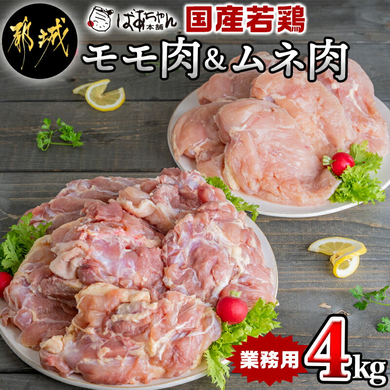 【ふるさと納税】【業務用】国産若鶏モモ肉＆ムネ肉4kg - 大容量 鶏もも肉 唐揚げ/チキン南蛮 鶏むね肉 蒸し鶏/照り焼き 各2kg×1パック 送料無料 11-1503 【宮崎県都城市は令和4年度ふるさと納税日本一！】