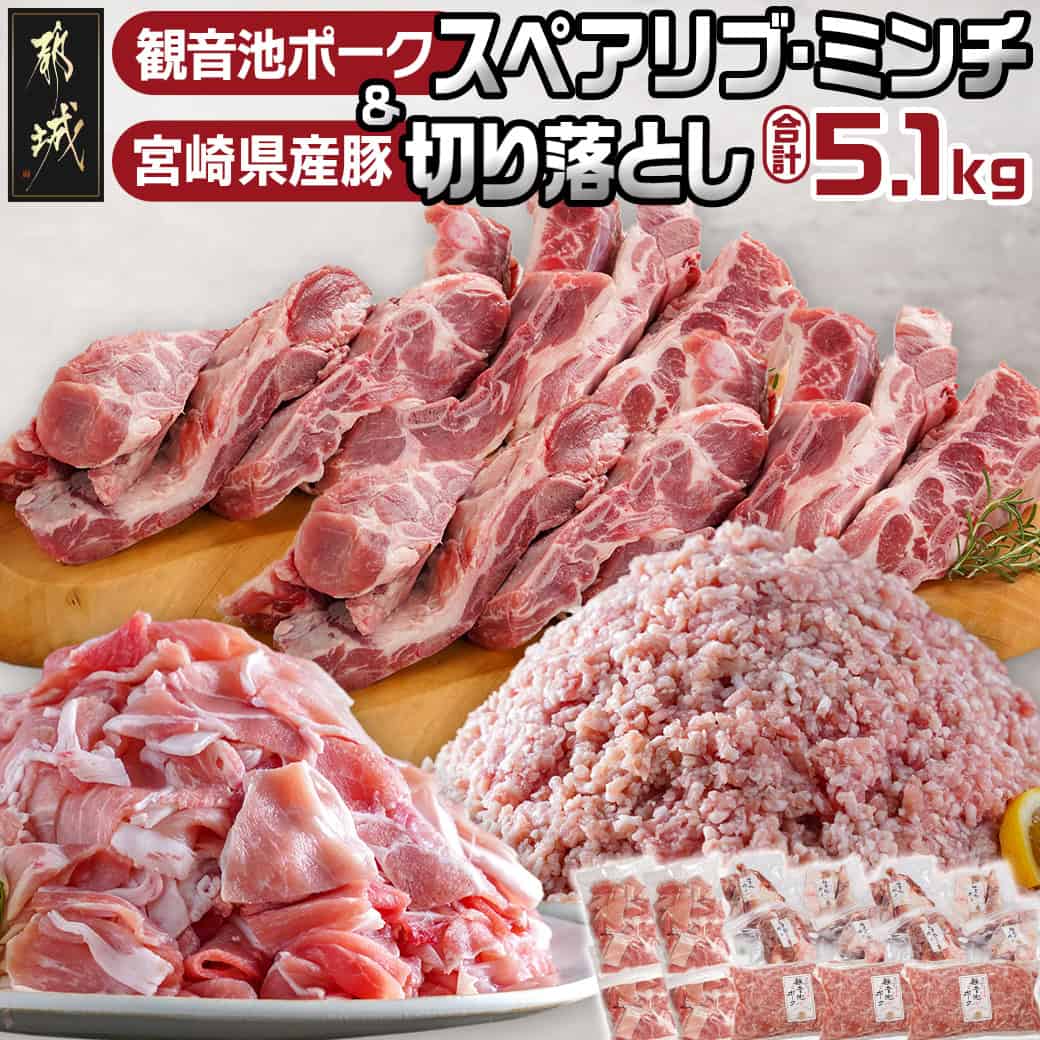 観音池ポークスペアリブ・ミンチ&宮崎県産豚切り落とし5.1kg - 国産豚肉セット スペアリブ/ミンチ/切り落とし 炒め物 煮込み料理 3種類 詰め合わせセット 観音池ポーク ブランド豚 小分け 送料無料