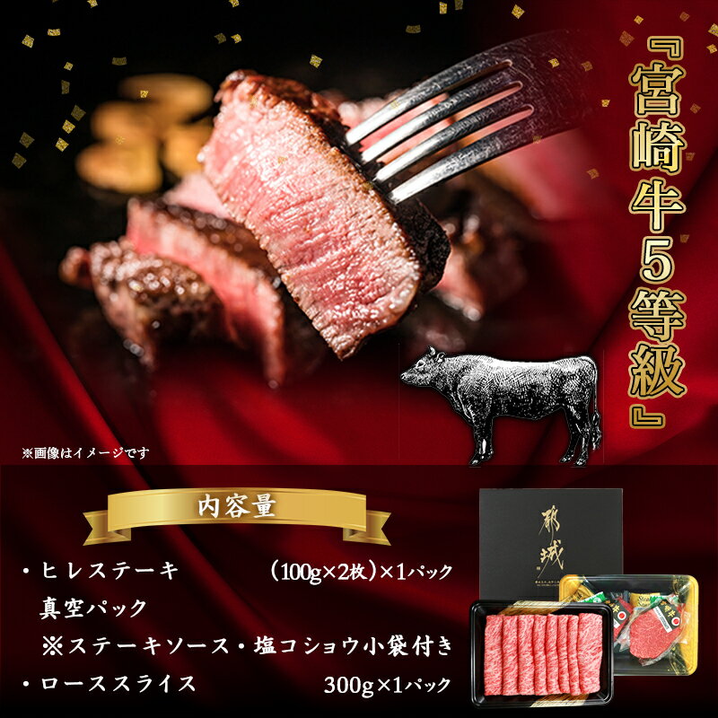 【ふるさと納税】自分にご褒美！宮崎牛(A5)ヒレ＆ロースセット - 牛肉 牛ヒレステーキ ローススライス A5等級/A5ランク 真空パック ステーキソース・塩こしょう付 赤身 冷凍 精肉 ギフト 贈答用 送料無料 AE-0103【宮崎県都城市は令和2年度ふるさと納税日本一！】