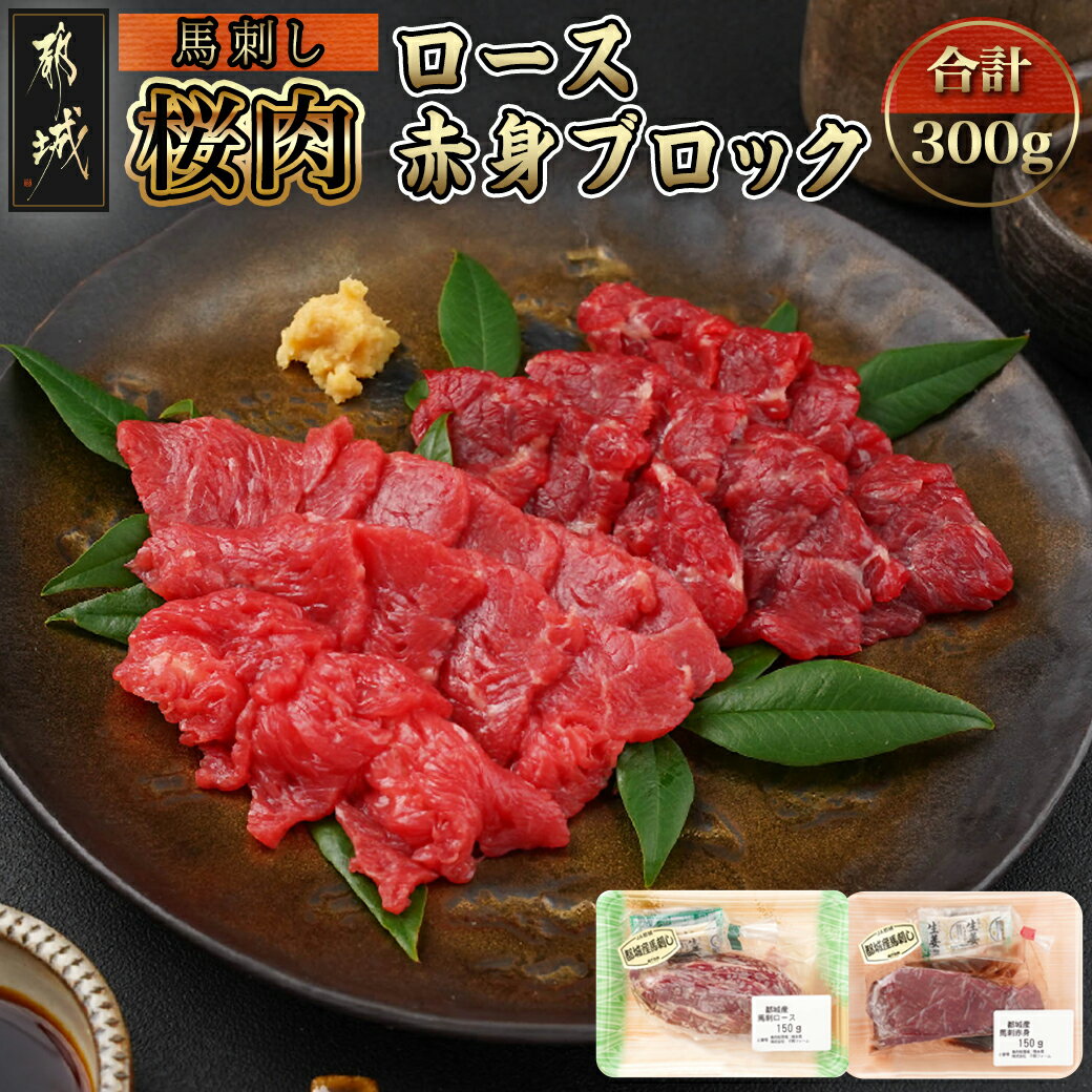 都城産「桜肉」ロース・赤身ブロック300gセット - 馬刺し ロースブロック 赤身ブロック 各150g×1 真空 醤油・生姜の小袋付き 桜肉 馬肉 送料無料 MJ-0119【宮崎県都城市は令和4年度ふるさと納税日本一！】