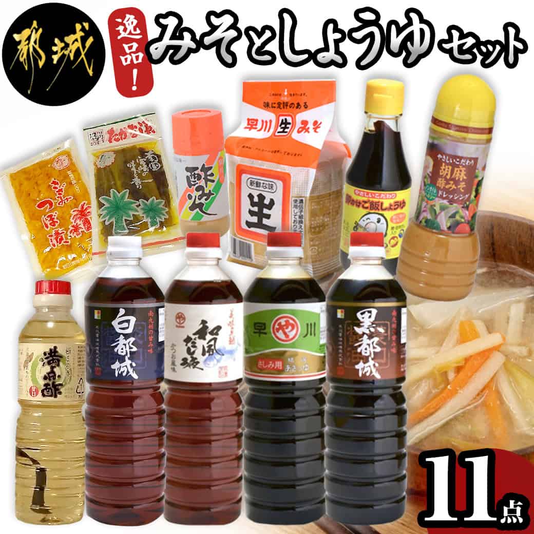 【ふるさと納税】都城産みそとしょうゆの逸品11アイテムセット - 白都城/黒都城/精選あさつゆ さしみ醤油/卵かけごはんしょうゆ/満点酢/胡麻酢みそドレッシング/和風だし液/きざみつぼ漬など おうち時間 送料無料 AD-2005【宮崎県都城市は令和4年度ふるさと納税日本一！】