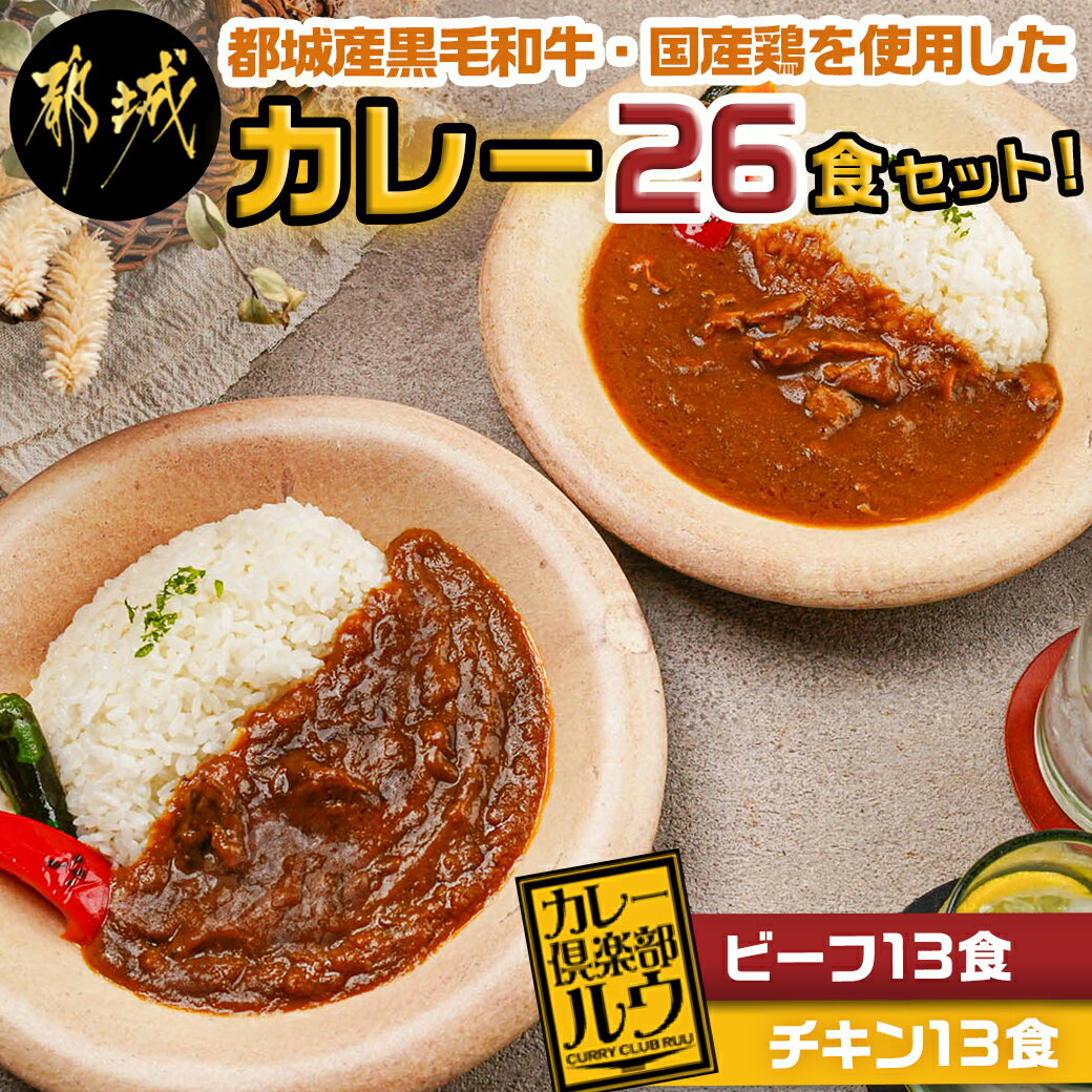 カレー倶楽部ルウの26食カレーセット(ビーフ13食＆チキン13食) - ビーフカレー 都城産黒毛和牛使用 チキンカレー 国産鶏使用 チルド食品 キャンプ飯 カレールー 湯煎 カレー専門店 中辛 送料無料 14-2701 【宮崎県都城市は令和4年度ふるさと納税日本一！】