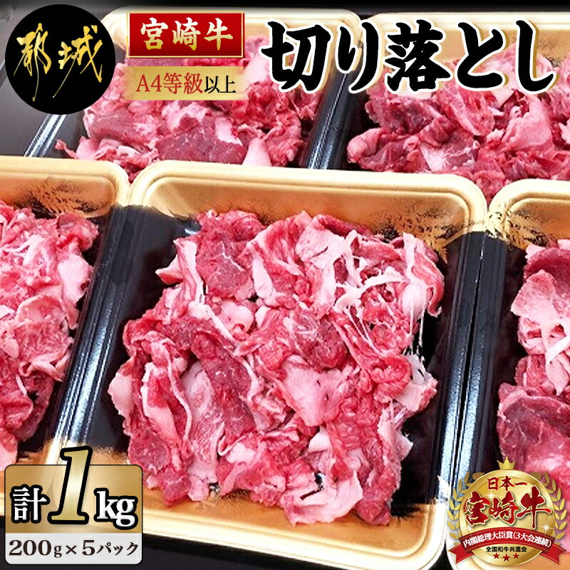 【ふるさと納税】都城産宮崎牛切り落とし【A4等級以上】 - 牛肉 宮崎牛切り落とし肉(200g×5パック) 冷凍 小分けパック 切落とし肉 A4ランク 送料無料 MJ-7702【宮崎県都城市は令和4年度ふるさと納税日本一！】