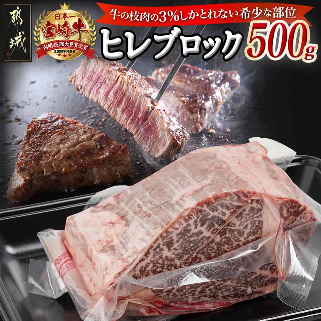 宮崎牛ヒレブロック500g - 牛ヒレ肉 ブロック肉 真空パック 冷凍配送 国産黒毛和牛 フィレ肉 ヘレ肉 ブランド牛肉 ヒレ肉 牛ヒレステーキ 全国和牛能力共進会 内閣総理大臣賞受賞 宮崎牛 送料無料