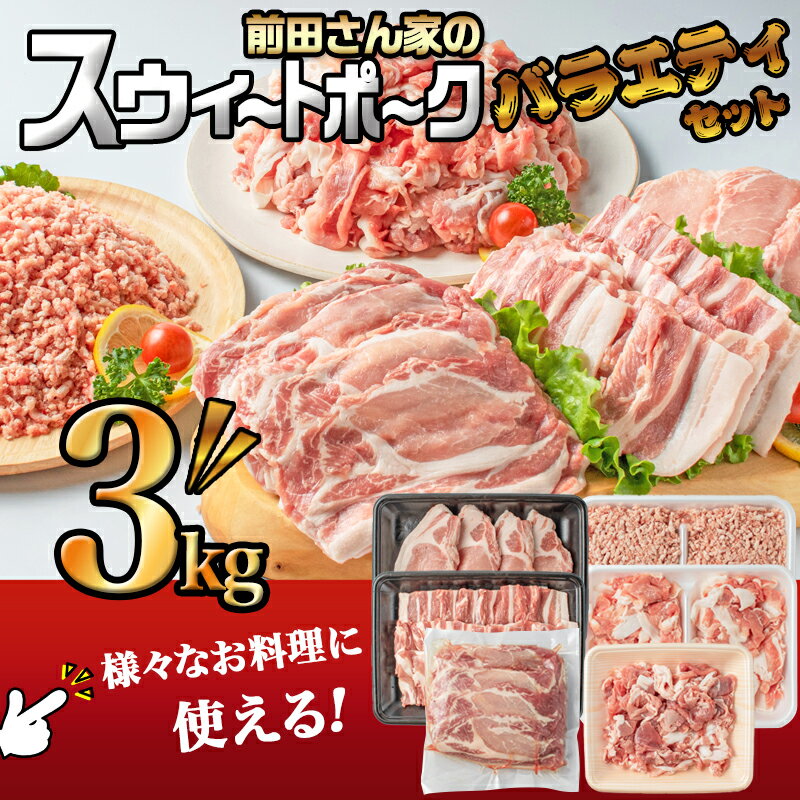 【ふるさと納税】都城産「前田さん家のスウィートポーク」バラエティ3kgセット - 豚肉 ローススライス ロースもしくは肩ロースとんかつ用 豚バラ焼肉用 切り落とし肉 豚ひき肉 合計3kg 送料無料 MJ-8904【宮崎県都城市は令和4年度ふるさと納税日本一！】