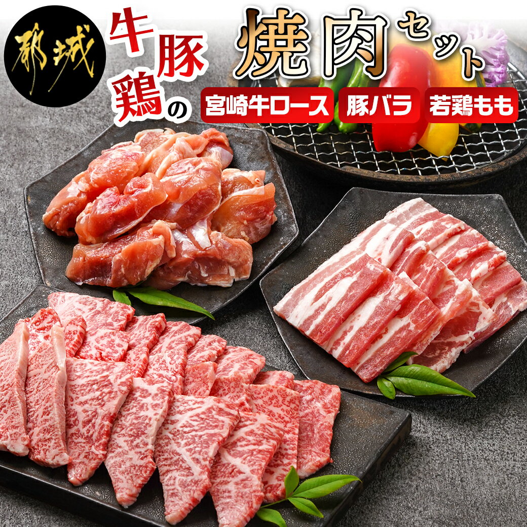 牛・豚・鶏の焼肉セット(宮崎牛ロース肉・豚バラ肉・若鶏もも肉) - 国産 お肉セット 牛肉/豚肉/鶏肉 宮崎県産宮崎牛 ロースまたは肩ロース肉 宮崎県産豚 バラ肉 国産若鶏 もも肉 焼き肉 送料無料