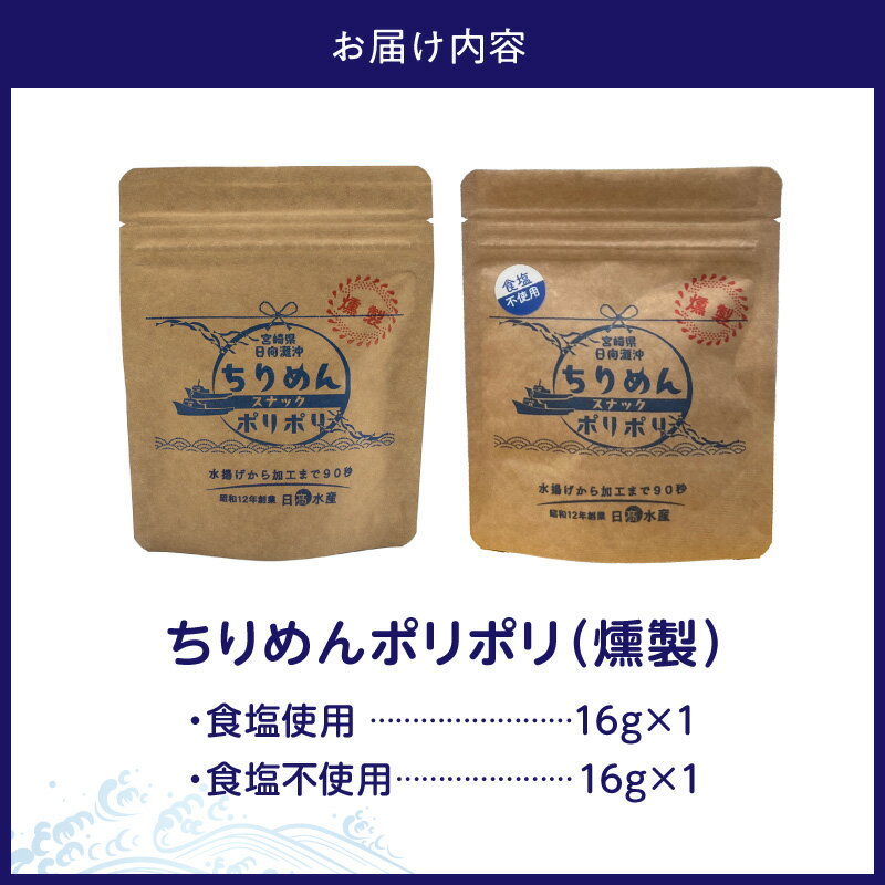 【ふるさと納税】ちりめんポリポリ 燻製 食塩あり 食塩不使用 セット 計 32g 乾燥ちりめん 釜茹で 日向灘 新鮮 鮮度 しらす ちりめんじゃこ しらす干し 食品 加工品 魚 おやつ おつまみ お取り寄せ お取り寄せグルメ 日高水産 宮崎県 延岡市 送料無料