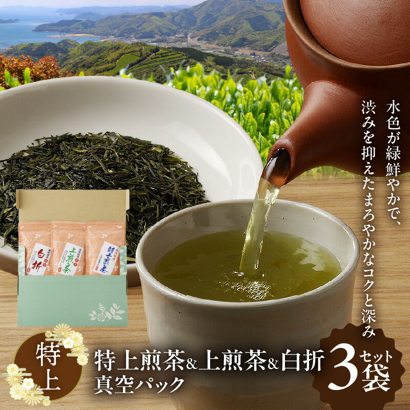 お茶 特上 3種類 各 1袋 × 100g セット 特上煎茶 上煎茶 白折 真空パック 煎茶 深蒸し茶 ブレンド まろやかなコク 深み 緑茶 日本茶 茶葉 贈答 贈り物 ギフト 北浦農業公社 お取り寄せ 宮崎県 延岡市 送料無料