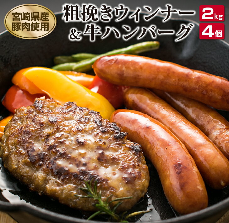 【ふるさと納税】粗挽きウィンナー2kg(県産豚肉使用)＆牛ハンバーグ4個セット