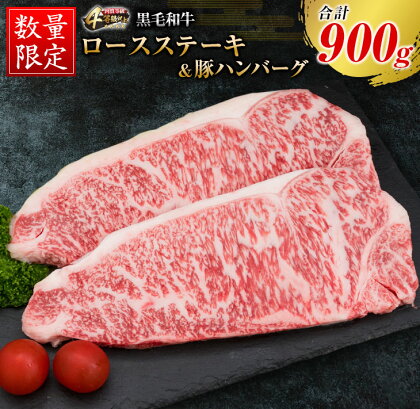 数量限定 黒毛和牛 ロース ステーキ 250g × 2枚 豚肉 ハンバーグ 100g × 4個 合計900g 牛肉 ビーフ ポーク 国産 ミヤチク 簡単調理 BBQ おかず お弁当 おつまみ 焼肉 鉄板焼き 食品 人気 おすすめ お取り寄せ グルメ 詰め合わせ 宮崎県 日南市 送料無料