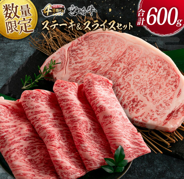 宮崎牛 【ふるさと納税】数量限定 宮崎牛 ステーキ スライス セット 合計600g 牛肉 ビーフ 黒毛和牛 国産 食品 ミヤチク サーロイン ロース ブランド牛 すき焼き しゃぶしゃぶ おすすめ おかず 贅沢 ご褒美 お祝い 記念日 ギフト 贈り物 プレゼント 贈答 お取り寄せ グルメ 送料無料