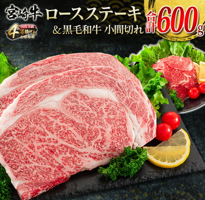 宮崎牛 ロース ステーキ 黒毛和牛 小間切れ セット 合計600g 牛肉 ビーフ 国産 万能食材 ブランド牛 おかず お弁当 おつまみ 食品 おすすめ 焼肉 バーベキュー 鉄板焼き 高級 ご褒美 お祝 記念日 お取り寄せ グルメ 冷凍 詰め合わせ 宮崎県 日南市 送料無料