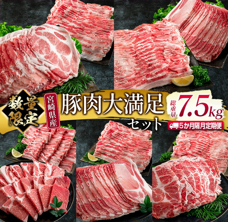 数量限定 5か月 お楽しみ 隔月 定期便 豚肉 大満足 セット 総重量7.5kg ポーク 国産 宮崎県産 しゃぶしゃぶ スライス 焼肉 大容量 豚ロース 豚肩ロース 豚バラ 豚しゃぶ 食品 おかず おつまみ お弁当 食べ比べ 詰め合わせ BBQ おすすめ 日南市 送料無料