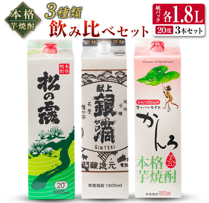 本格 芋焼酎 3種類 飲み比べ セット 紙パック 1.8L 3本 お酒 アルコール 飲料 国産 地酒 晩酌 呑み比べ 家呑み 宅呑み 松の露 献上銀滴 スーパーライトかんろ ご褒美 お祝い 記念日 イベント お取り寄せ 手土産 ギフト おすすめ 宮崎県 日南市 送料無料