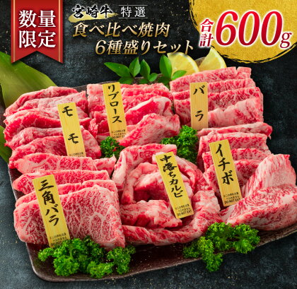 数量限定 特選 宮崎牛 食べ比べ 焼肉 6種盛り セット 合計600g 牛肉 ビーフ 黒毛和牛 ロース 肩ロース カルビ バラ 赤身肉 霜降り 中落ち BBQ 贅沢 ご褒美 お祝い 記念日 おもてなし おかず 国産 食品 おすすめ お取り寄せ グルメ 宮崎県 日南市 送料無料