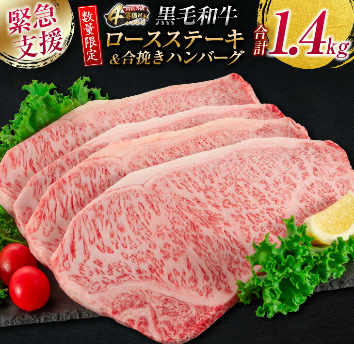 【ふるさと納税】緊急支援品≪数量限定≫黒毛和牛ロースステーキ(250g×4枚)＆合挽きハンバーグ(100g×4個)合計1.4kg　肉　牛　牛肉　国産
