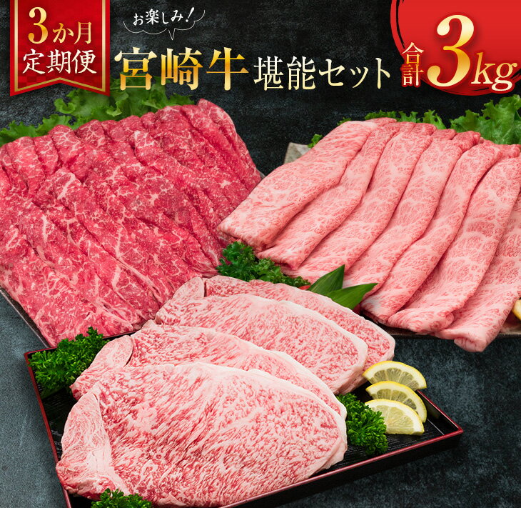 3か月 お楽しみ 定期便 宮崎牛 堪能 セット 合計3kg 牛肉 黒毛和牛 国産 ブランド牛 ミヤチク 肩ロース モモ ステーキ スライス しゃぶしゃぶ すき焼き 焼肉 4等級以上 高級 贅沢 ご褒美 お祝 記念日 おかず お取り寄せ グルメ 食品 宮崎県 日南市 送料無料