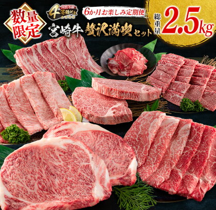 数量限定 6か月 お楽しみ 定期便 宮崎牛 贅沢 満喫 セット 総重量2.5kg 黒毛和牛 ブランド牛 牛肉 国産 ビーフ 人気 食品 焼肉 ステーキ スライス 小間切れ しゃぶしゃぶ すき焼き ミヤチク お取り寄せ グルメ ご褒美 記念日 お祝 宮崎県 日南市 送料無料