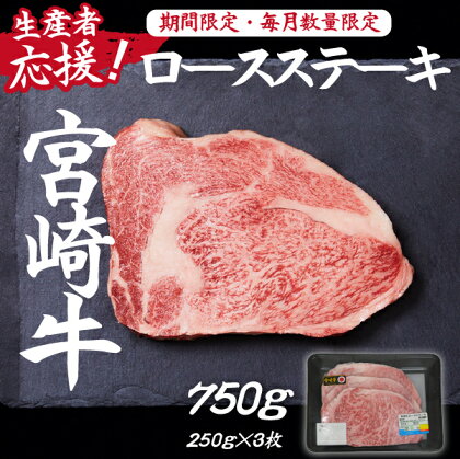 【生産者応援！】宮崎牛ロースステーキ750g（250g×3枚 宮崎牛 和牛 国産 牛肉 霜降り ステーキ ロース 冷凍 送料無料）