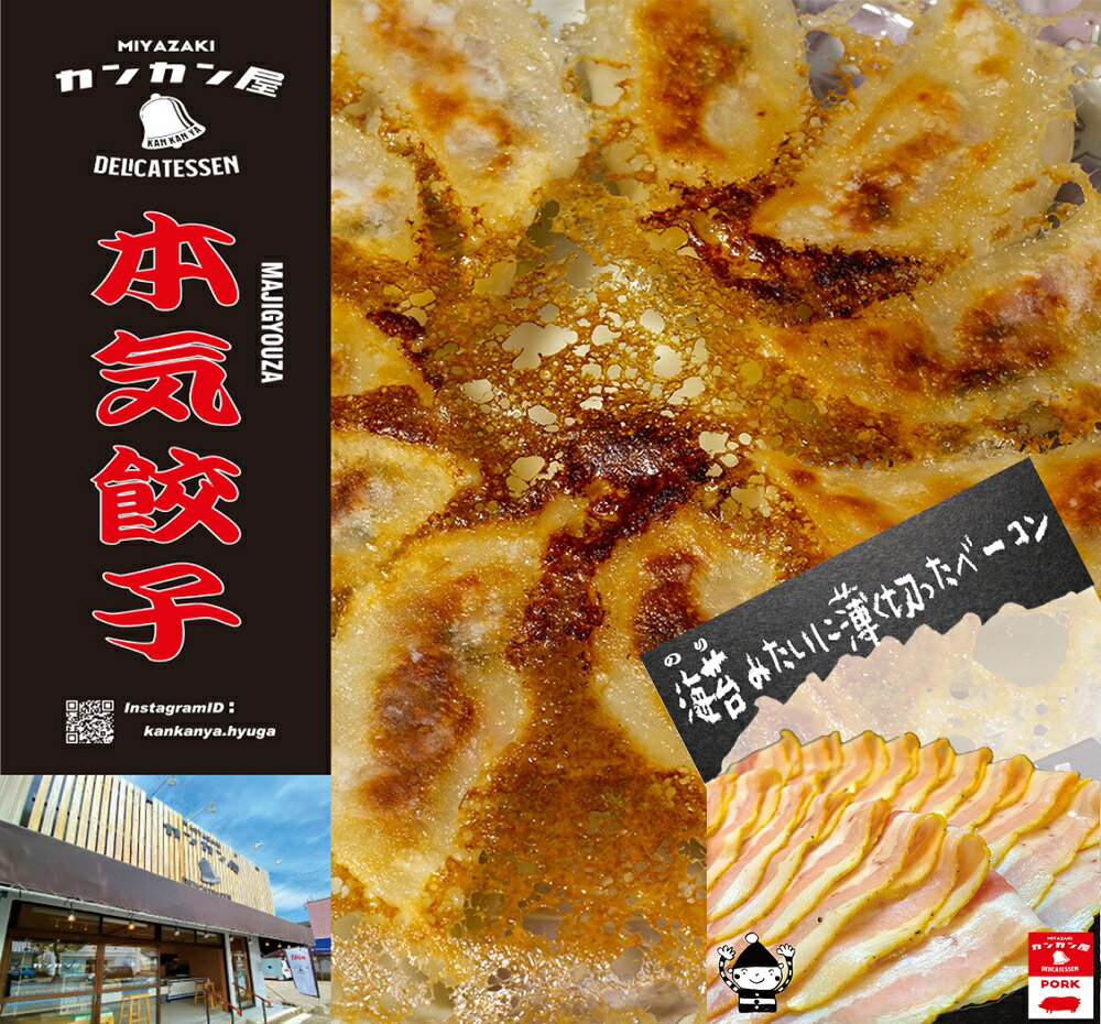 餃子 冷凍餃子[国産豚肉・野菜使用]と海苔みたいに薄く切ったベーコンのセット [カンカンヤLab 宮崎県 日向市 452060134] 国産 宮崎 本気 冷凍 肉屋 精肉店 ベーコン スライス