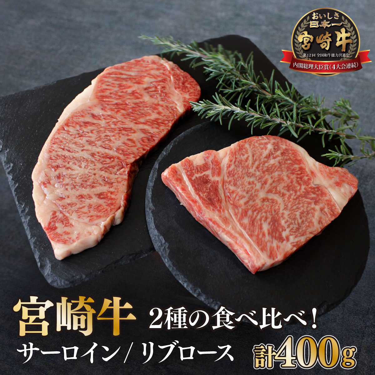 [宮崎牛]2種食べ比べ 計400g(サーロイン200g、リブロース200g) 美味しい牛肉をご家庭で[KU042]