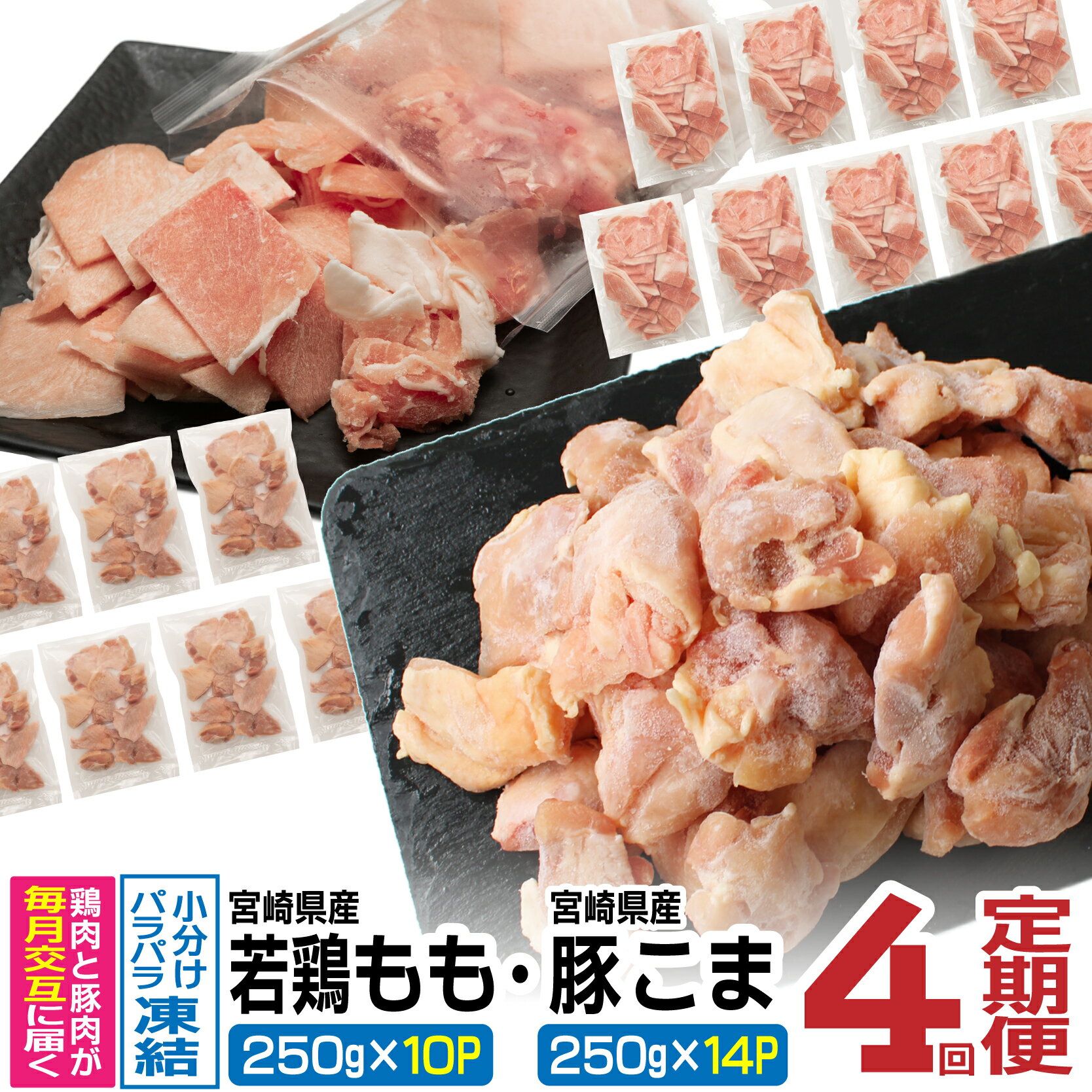 [定期便・全4回][小分け&バラバラ] 宮崎県産鶏もも切身・豚こまセット 合計12kg (1・3回目:宮崎県産鶏もも2.5kg(250g×10P)、2・4回目:宮崎県産豚こま3.5kg(250g×14P) 豚肉と鶏肉が250gの小分け! [KU364]