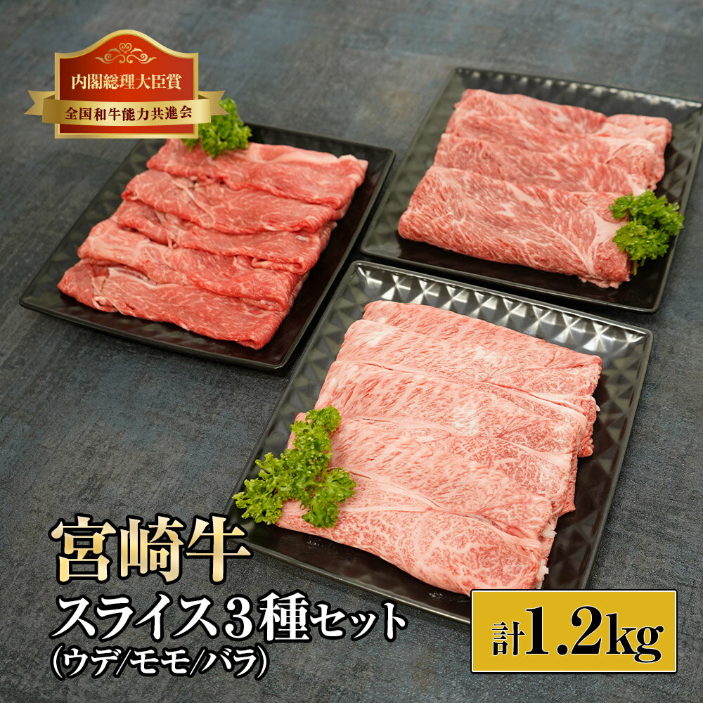 宮崎牛スライスセット 計1.2kg (宮崎牛ウデスライス400g×1、宮崎牛モモスライス400g×1、宮崎牛バラスライス400g×1)【KU317】