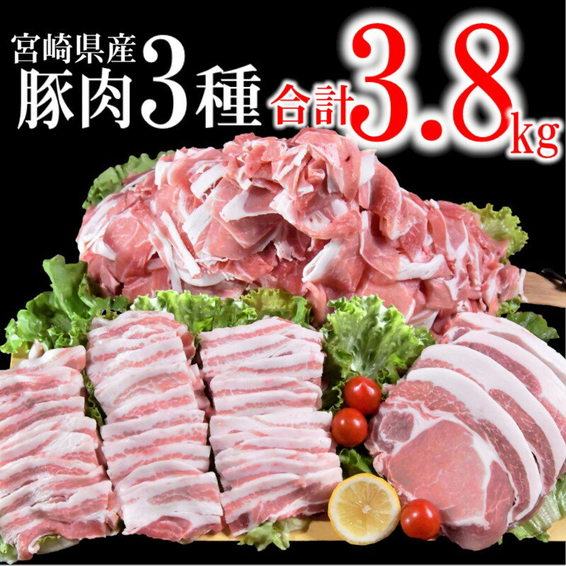 宮崎県産 豚肉[ 3,800g]3種セット(ロースとんかつ・豚バラ焼肉・切り落とし)[1.5-182] ふるさと納税 焼肉 豚肉 国産 訳あり 食べ比べ 小分け