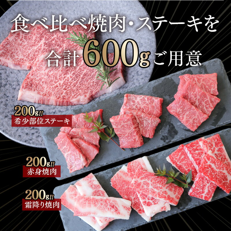 【ふるさと納税】国産黒毛和牛『上村和牛』希少部位ステーキ＆食べ比べ焼肉セット600g（焼肉400g・希少部位ステーキ200g）〈1.9-16〉 ふるさと納税 ステーキ 黒毛和牛 焼肉 国産 宮崎県産 牛肉 送料無料＜1.9-16＞