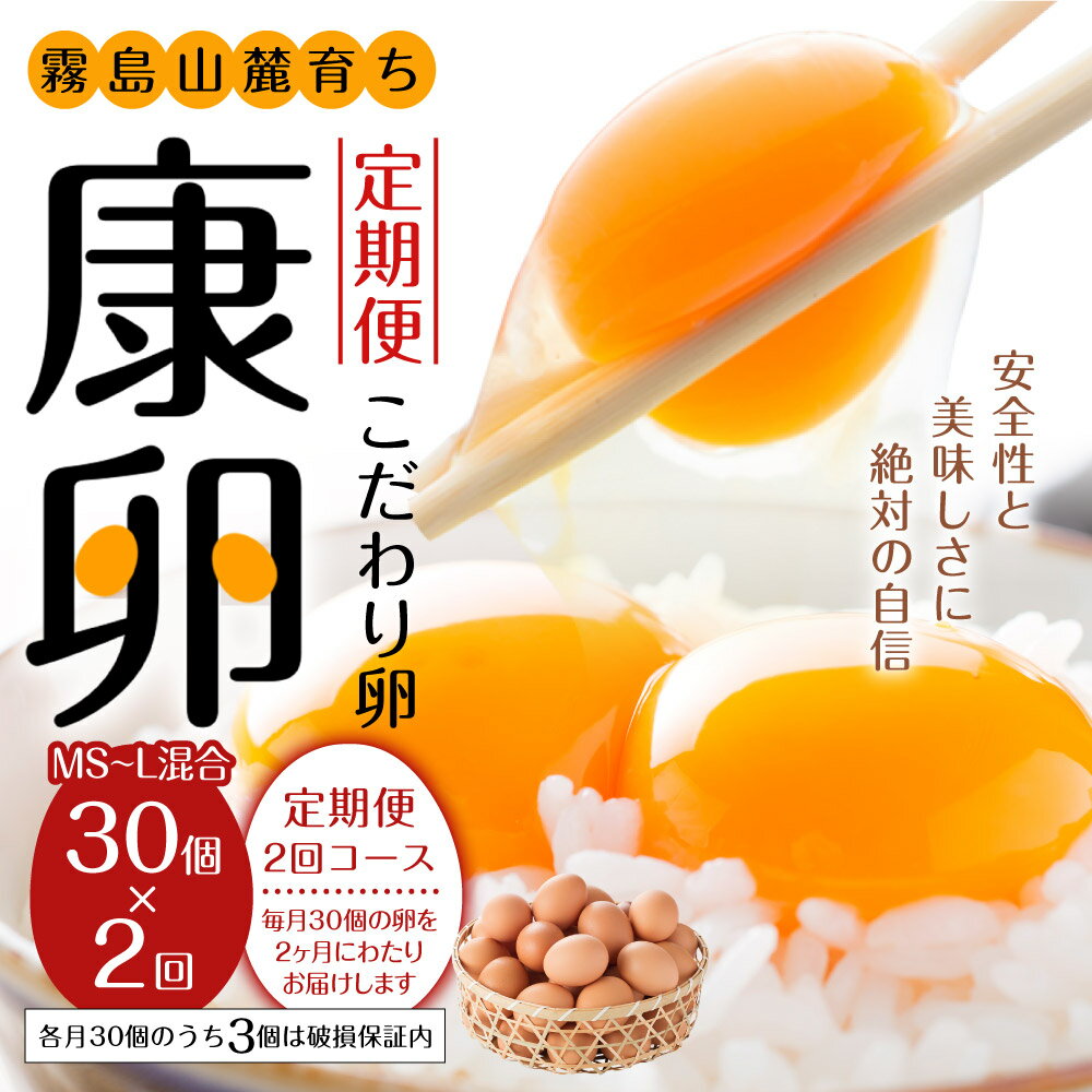 【ふるさと納税】【2回定期便】霧島山麓育ち こだわり卵 康卵 たまご 玉子 生卵 鶏卵 30個入り 破損保証3個含む MS L 混合 宮崎県産 九州産 送料無料