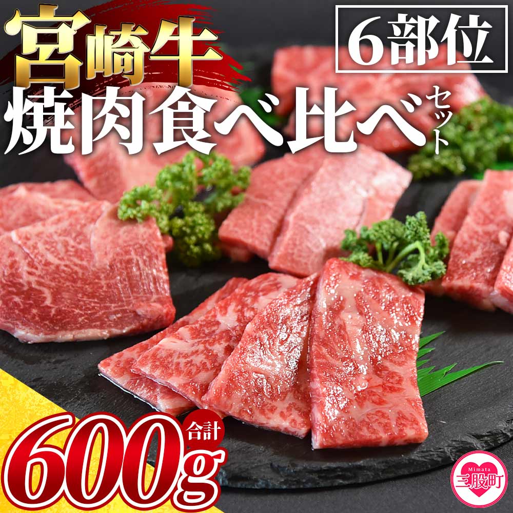 ＜3D冷凍宮崎牛焼肉食べ比べセット＞6部位 食べ比べ 焼肉 (合計600g) 肩ロース バラ モモ ウデ ロース ヒレ 牛肉 国産 九州産 焼肉 BBQ 焼き肉 鍋 贈答用 誕生日 プレゼント お中元 御中元 のし付き 熨斗 熨斗対応 のし対応 贈り物 