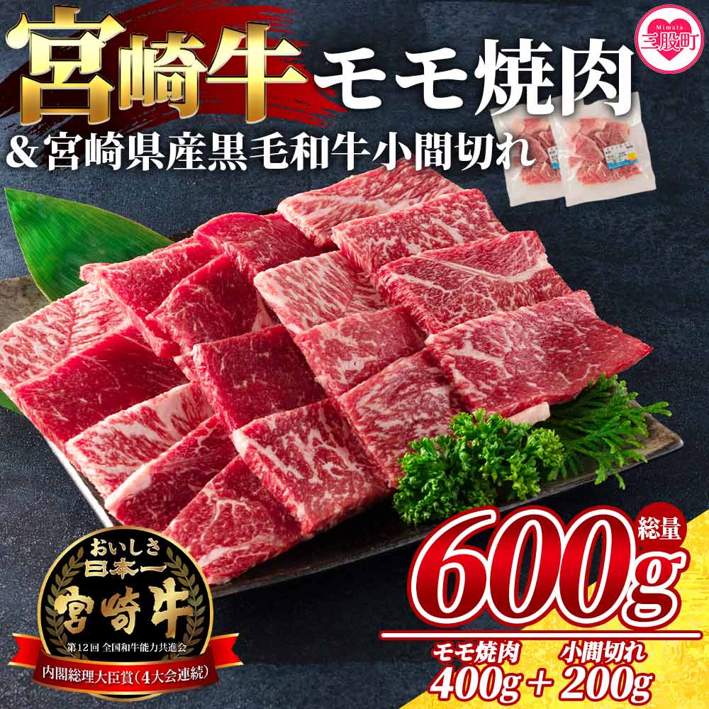 【ふるさと納税】＜宮崎牛モモ焼肉400gと宮崎県産和牛小間切れ200g 総量600g＞牛肉 国産 九州産 焼き肉 BBQ もも肉 スライス ブランド牛 肉じゃが 食べ比べ セット 小分け 個包装【MI236-my】【ミヤチク】