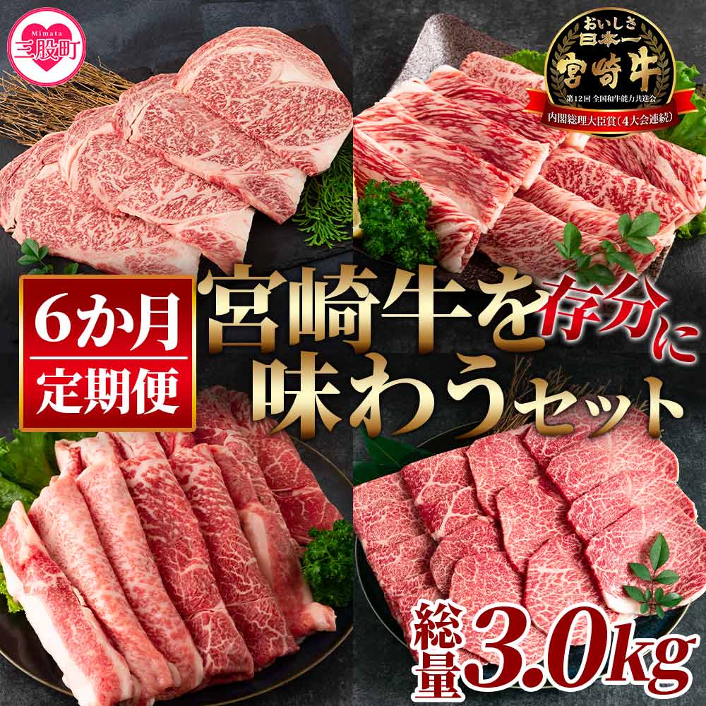 [[定期便6か月]宮崎牛を存分に味わうセット 総量3.0kg] ステーキ すき焼き 焼肉 バーベキュー BBQ 牛肉 焼き肉 宮崎県産 黒毛和牛 国産 精肉 冷凍 トレイ ブランド牛 A4/A5 キャンプ アウトドア[MI231-nh][日本ハムマーケティング株式会社]