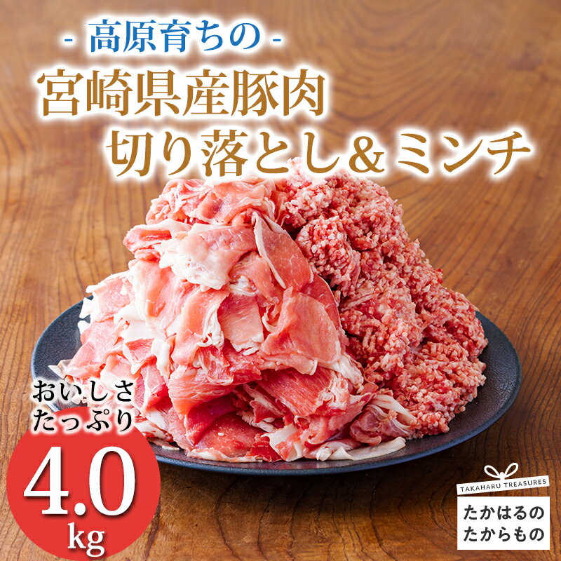 《寄付金14,000円で4kg！》国産 豚肉切り落とし＆ミンチ 大容量 合計4000g コスパ抜群と話題 大容量 豚肉2種詰め合わせセット お弁当 しゃぶしゃぶ ハンバーグ 肉巻き 宮崎県 高原町 日本産 送料無料 故郷納税 14000円 1万円台 一万円台