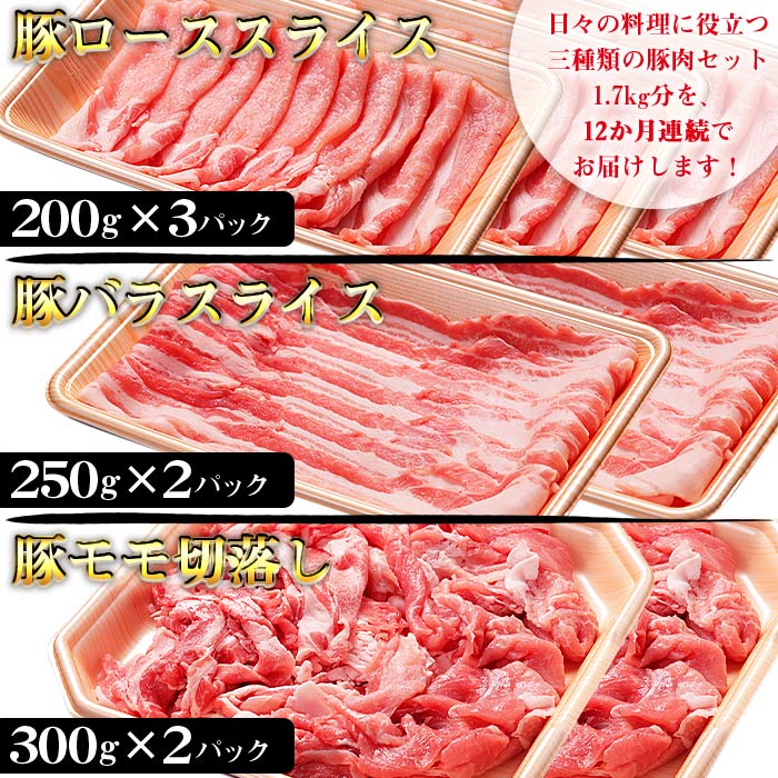 【ふるさと納税】＜12か月定期便 和富豚 じゃがじゃがセット 1.7kg＞※入金確認後、翌月末迄に第一回目発送 豚肉 下ロース 豚バラ スライス 豚モモ 切落とし お楽しみ 株式会社エムツー国富店 宮崎県 国富町【冷凍】