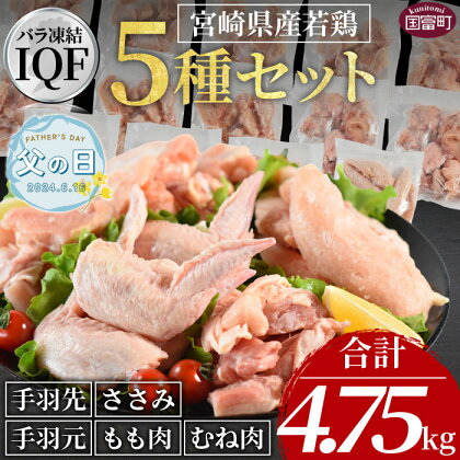 【父の日】＜宮崎県産若鶏肉IQF 5種セット 4.75kg＞ ※入金確認後、2024年6月14日から6月16日にお届け 国産 九州産 若鶏 とり肉 チキン 切り身 もも肉 むね肉 ささみ 手羽元 手羽先 小分け お料理 ギフト 贈り物 プレゼント 市場食鳥 宮崎県 国富町【冷凍】