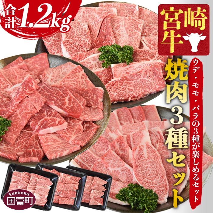 【ふるさと納税】＜宮崎牛 焼肉 3種セット（ウデ・モモ・バラ）合計1.2kg＞※入金確認後、2か月以内に順次出荷します。牛肉 黒毛和牛 ブランド牛 4等級以上 高級 国産 赤身 食べ比べ お取り寄せグルメ お祝い 特産品 ミヤチク 宮崎県 国富町 0379_my【冷凍】