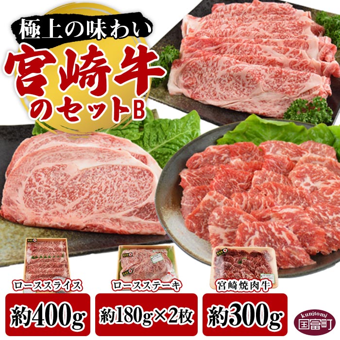 [宮崎牛のセットB]※入金確認後、翌月末迄に順次出荷します。国産 牛肉 上質 和牛 黒毛和牛 お祝い ロース ロースステーキ ローススライス 焼肉 つめ合わせ BBQ 食べ比べ 宮崎県産 式部の里 宮崎県 国富町 [冷凍]