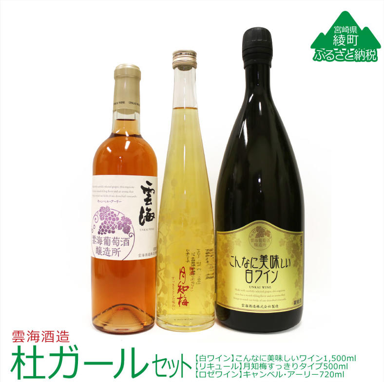 【ふるさと納税】雲海酒造3種セット 白ワイン ロゼワイン 本格梅酒 月知梅リキュール（02-104）