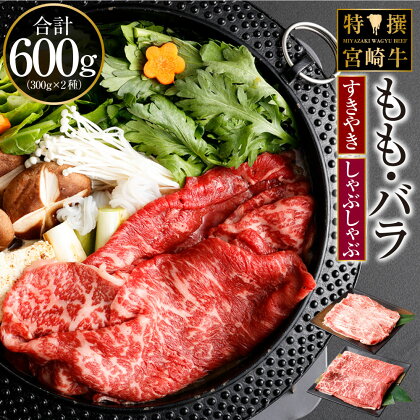 ＜特撰・宮崎牛もも300g/バラ300g すき焼き・しゃぶしゃぶ＞※2か月以内に順次出荷します。　合計600g 牛肉 黒毛和牛 スキヤキ スライス すきやき 花いちもんめ 特産品 キャンプ 宮崎県 高鍋町 【冷凍】