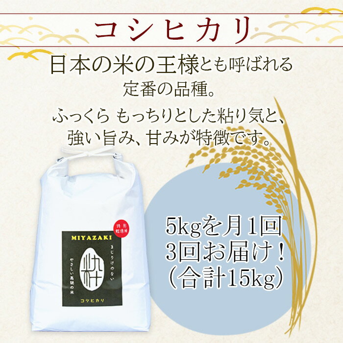 【ふるさと納税】先行予約 ＜令和4年産「 特別栽培米「粋」コシヒカリ」5kg 3ヶ月定期便 高鍋町産（白米）＞ ※2022年9月下旬に第一回目を発送(12月は中旬) コシヒカリ 定期便 15kg お米 精米 単一原料米 高鍋町 桑原 【常温】