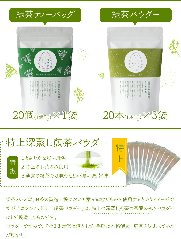 【ふるさと納税】河野製茶謹製 ＜「コフンノミドリ」まんぷくお茶セット＞ 粉茶 ティーバッグ パウダー 深蒸し煎茶 特上 ※入金確認後、翌月末迄に順次出荷します。お茶 緑茶 日本茶 河野製茶 宮崎県 高鍋町【常温】