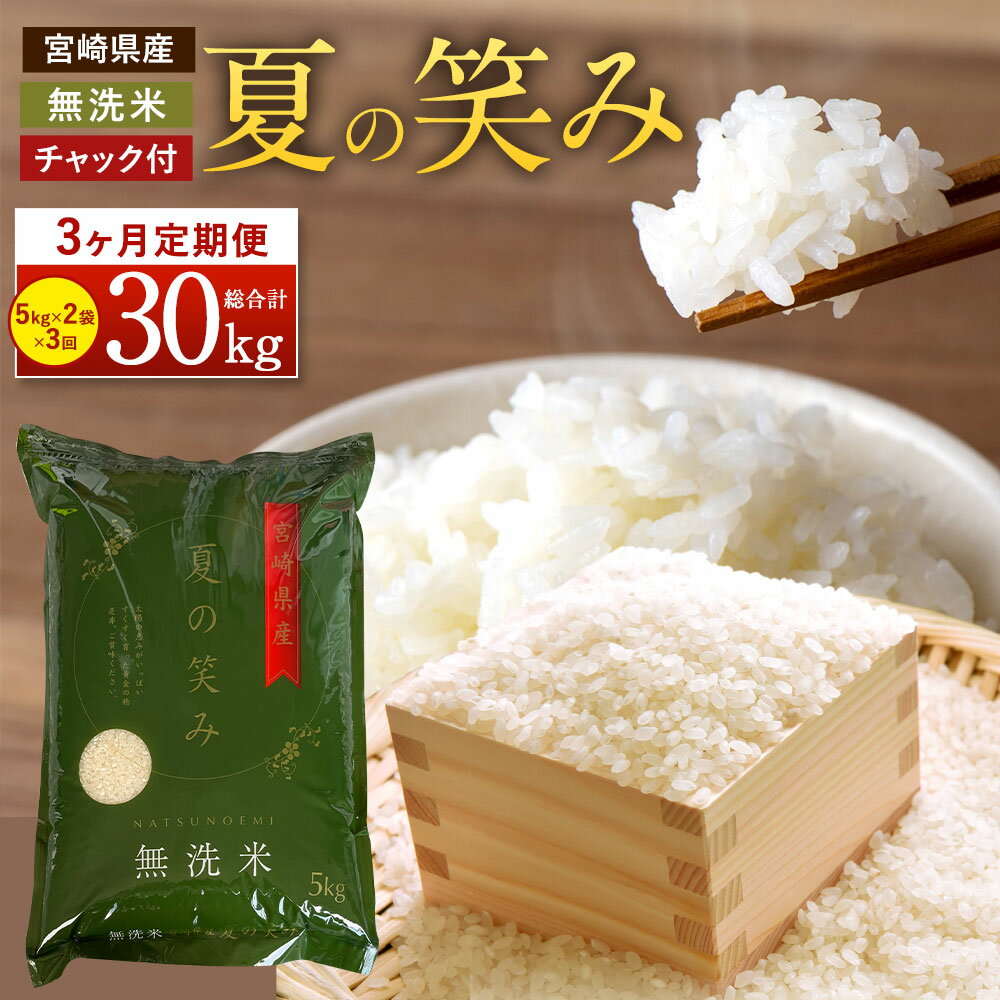 [令和5年産 宮崎県産夏の笑み(無洗米)10kg(5kg×2袋) 3か月定期便] ※翌月中旬に第一回目発送 お米 ご飯 希少品種 木浦精米所 30kg チャック袋 宮崎県 高鍋町 [常温]