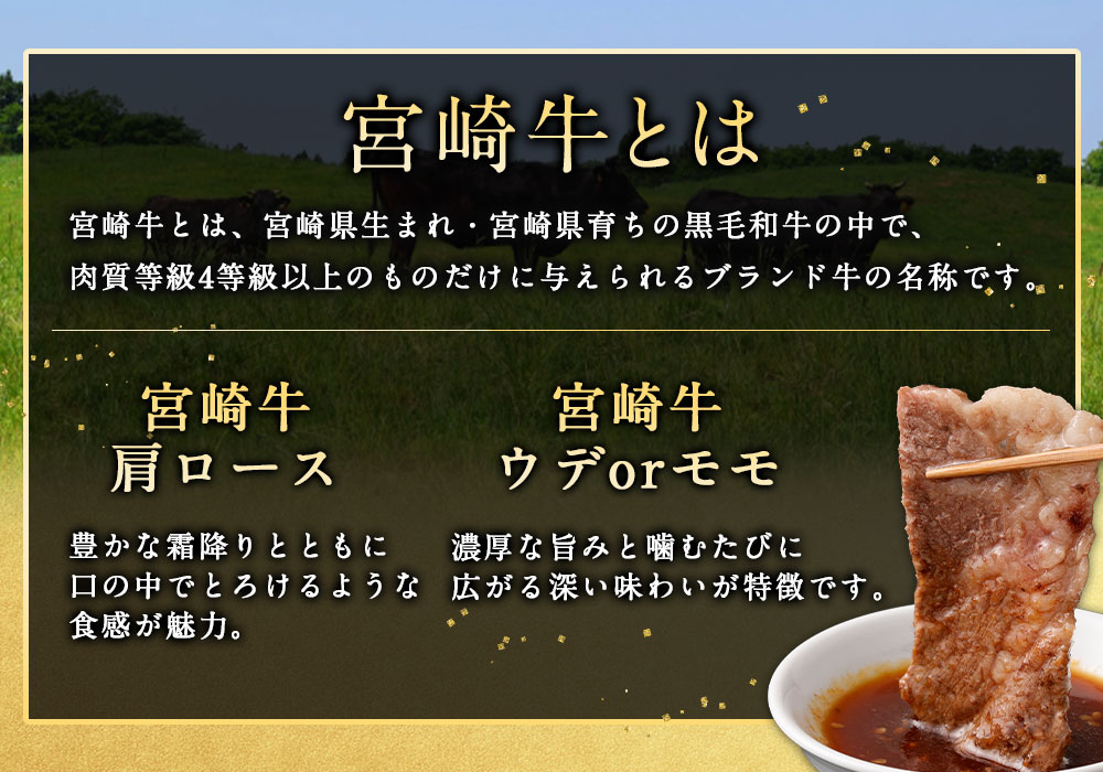 【ふるさと納税】＜宮崎牛 焼肉 2種（赤身霜降り）＞入金確認後、翌月末迄に順次出荷 宮崎牛 肩ロース ウデ or モモ 計約600g～900g 2パック 牛肉 和牛 霜降り 焼肉 冷凍 宮崎県 高鍋町 送料無料 新生活応援 卒業祝い 就職祝い 入学 卒業 お花見 引越し f454010-takanabe-10001160 宮崎県高鍋町 サンプル画像3