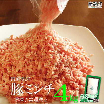 ＜宮崎産豚ミンチ4kg＋塩＞※3か月以内に順次出荷します！ 500g×8 豚肉 4,000g ひき肉 挽き肉 挽肉 バラ凍結 ジップ袋 チャック付き袋 パタゴニア湖塩 特産品 宮崎県 高鍋町 【冷凍】