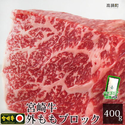 ＜宮崎牛外ももブロック400g+パタゴニア天然塩付き＞ ※3か月以内に順次出荷します！ ソトモモ 赤身 塊肉 黒毛和牛 牛肉 パタゴニア湖塩 特産品 牛乃屋 キャンプ 宮崎県 高鍋町 【冷凍】