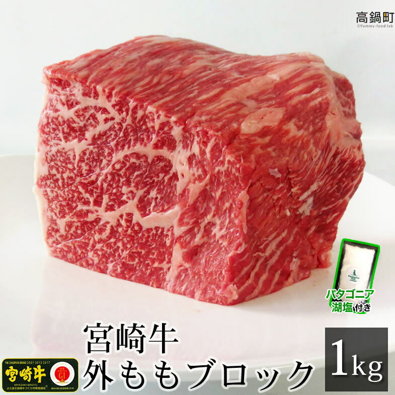 ＜宮崎牛外ももブロック1kg+パタゴニア天然塩付き＞ ※3か月以内に順次出荷します！ ソトモモ 赤身 塊肉 黒毛和牛 牛肉 パタゴニア湖塩 特産品 牛乃屋 キャンプ 宮崎県 高鍋町 【冷凍】